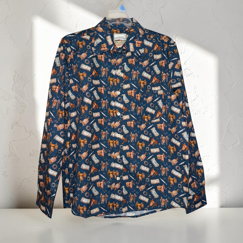 Kennington Rocking K Ranchwear Mens Blue Western Saddle Print Cotton Shirt M NWT